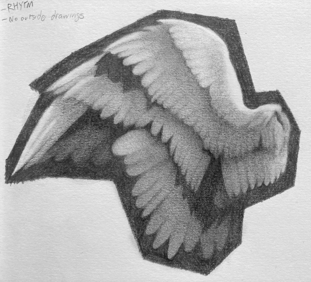 A pencil study of a bird wing. Unrelated notes top left.