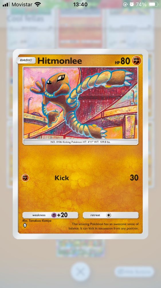A Hitmonlee Pokemon card illustrated by Tomokazu Komiya.