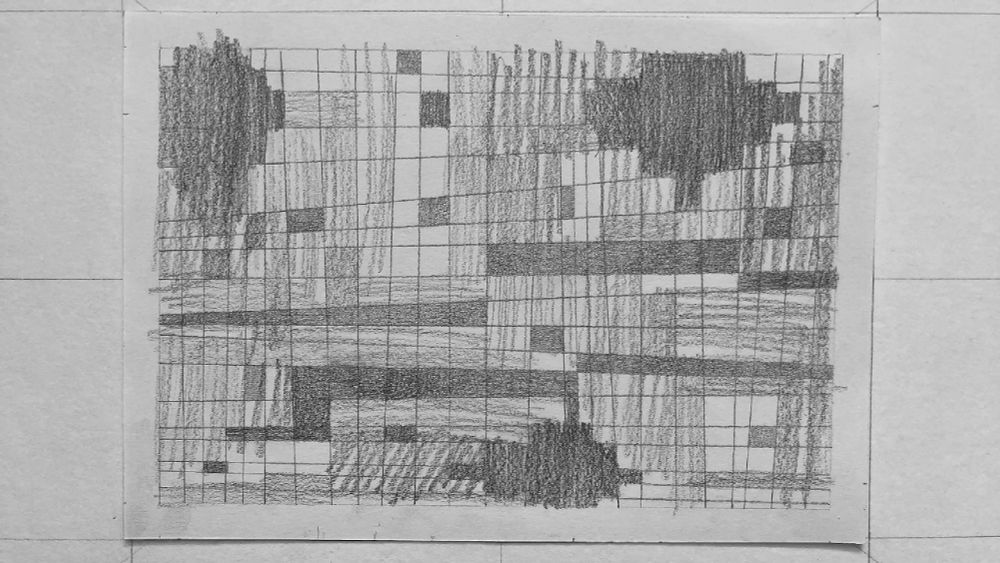 A rough abstract composition drawn in pencil.