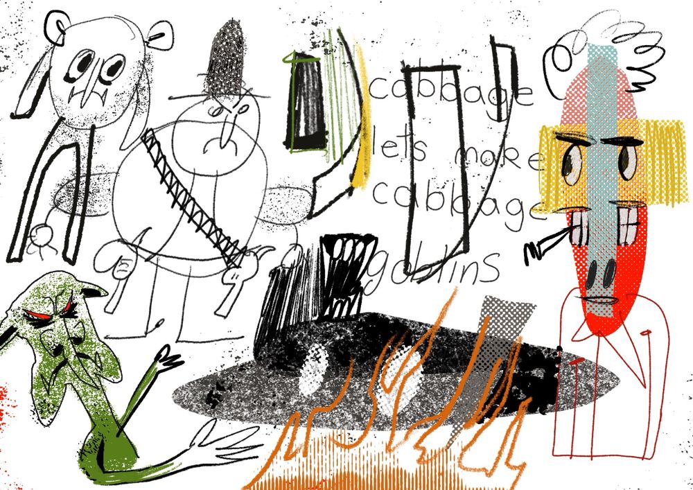 A collection of crude drawings including a cowboy a goblin and two undefined characters. Drawn with low fidelity tools.