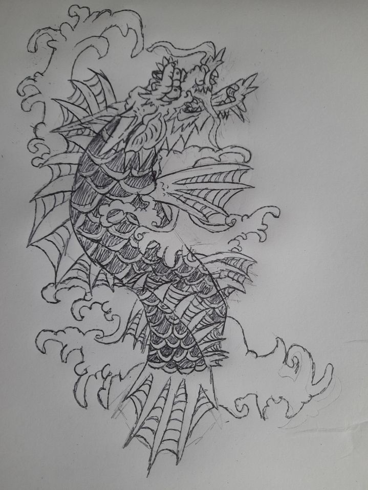 Pen drawing of a dragonfish leaping out of water, dragging water along with it