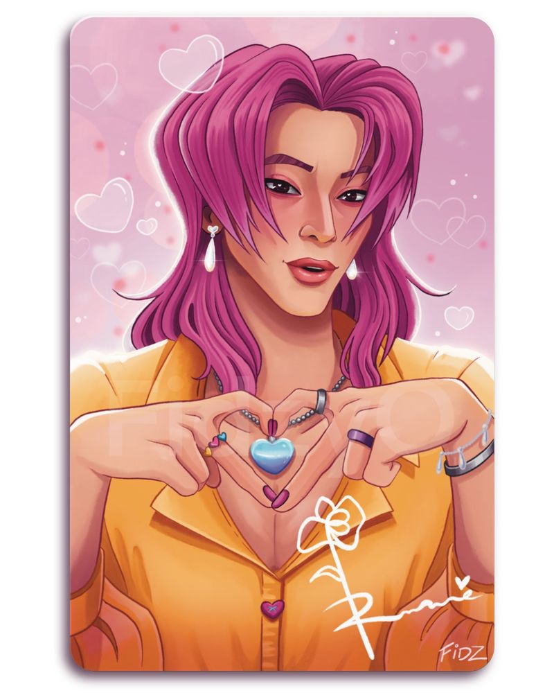 A fanart piece of Romance from K-pop Demon Hunters. He is drawn from the chest up. His hair is long and pink with a fringe shaped like a love heart. He is wearing a bright yellow shirt and a necklace with a blue love heart shaped stone. He looks directly at the viewer and is making a heart shape with his fingers. Behind him the background is a light pink and there are love heart shaped bubbles floating around.