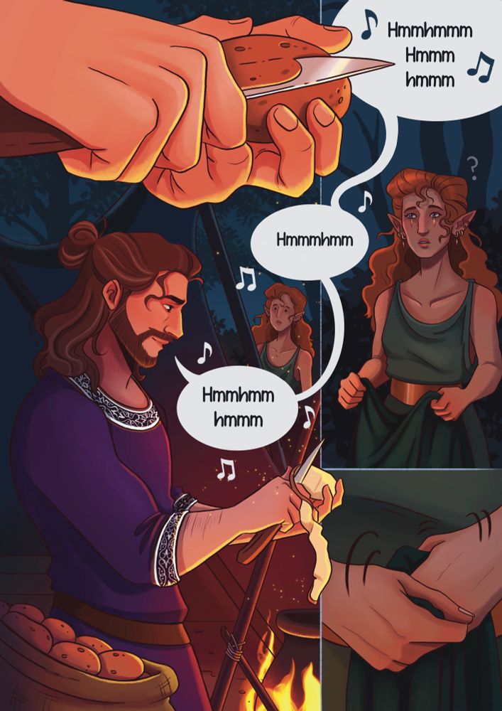 A comic page based on Baldurs Gate 3. There are 4 panels. The first shows Gales hands peeling a potato with a knife. The second shows Myrien (a red headed elf) noticing Gale humming to himself. The third panel shows all of Gale, working away on cooking with Myrien in the background. The fourth shows Myriens hands nervously twisting a piece of fabric.