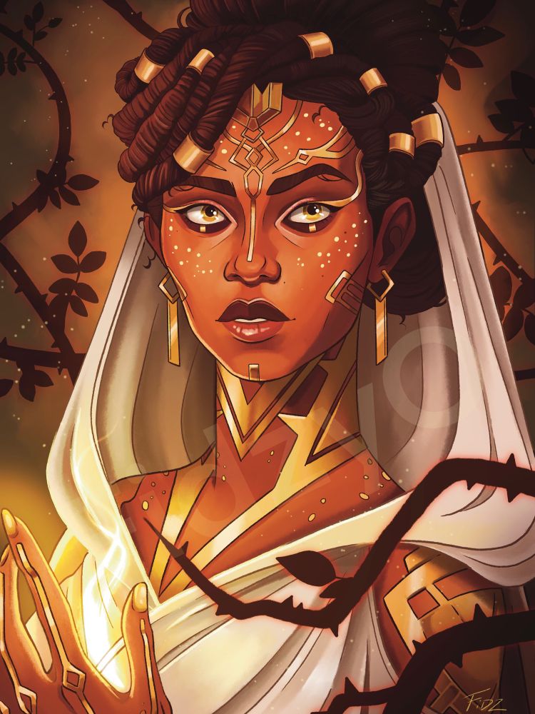 A fanart piece of Mel from Arcane. It a a bust of Mel. She is wearing a white draped dress with a hood. Her skin in adorned with golden pieces that resemble intricate armour. She holds her hand in front of her and it is emitting a golden glow. Around her, ominous dark brambles are growing.