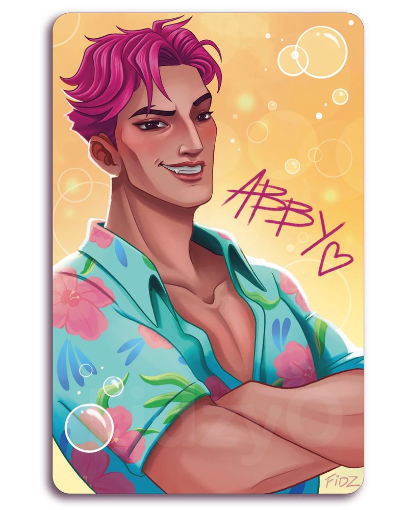 Fanart bust drawing of Abby from K-POP Demon Hunters. He has pink hair and a turquoise short sleeved Hawaiian shirt with pink flowers. He has his arms crossed and he is looking out at the viewer with a smirk. He is in front of a yellow background and his signature is written in pink beside him.