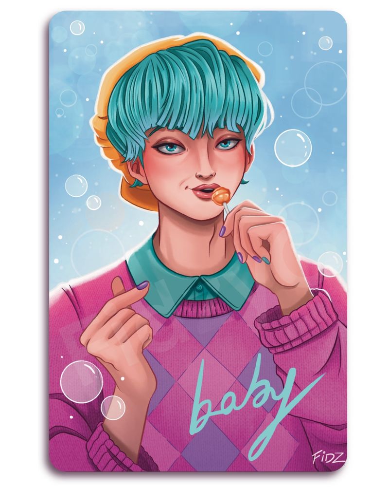 Fanart piece of Baby Saja from K-pop Demon Hunters. He has blue hair cut into a voluminous bowl cut. He is wearing a teal shirt under a pink knitted jumper and a yellow floppy cap. He is looking at the viewer and is holding a lollipop in one hand whilst making a heart with his fingers on the other.