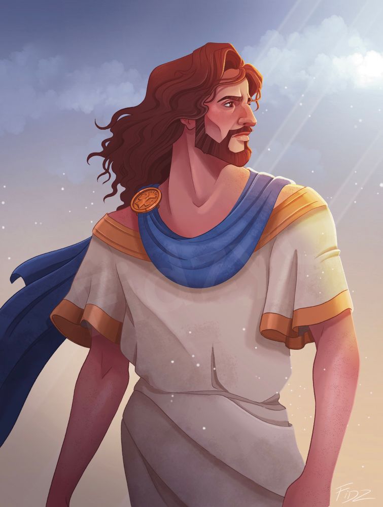 A fanart piece for Epic the Musical, depicting a man (Odysseus) from the hips up, wearing a white a gold robe with a blue sash and gold brooch. He is staring off into the distance as the wind blows his clothes and hair.