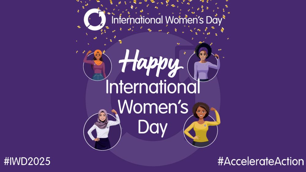 An International Women's Day graphic, featuring cartoon representations of four individuals performing the Accelerate Action pose around the words Happy International Women's Day
