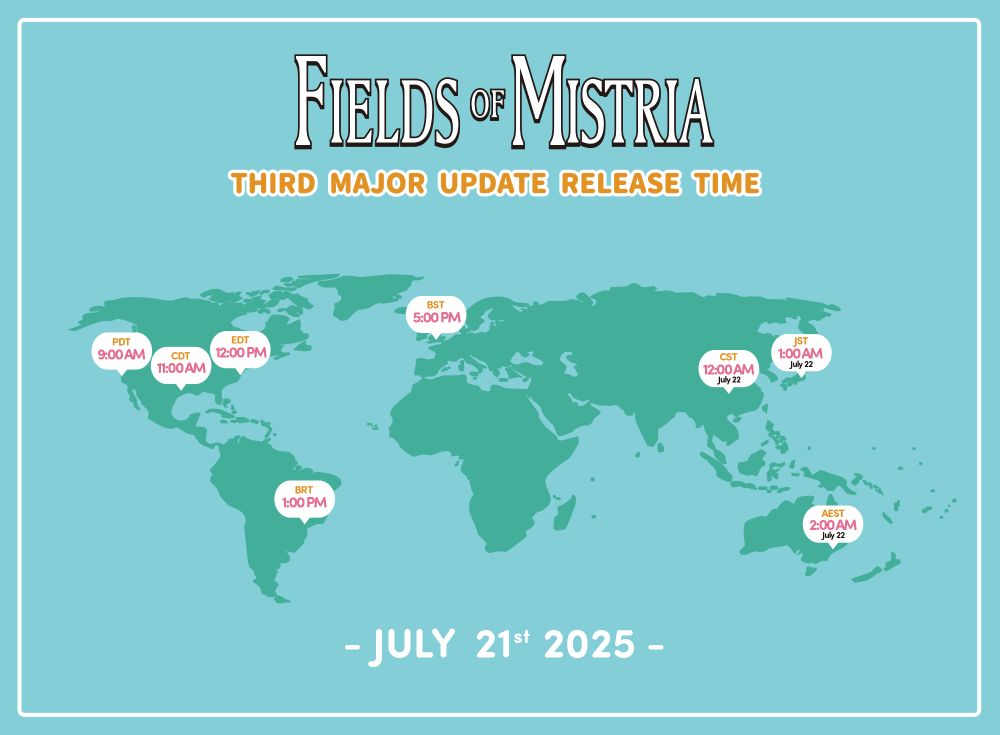 Fields of Mistria 3rd Major Update Release Times:

12:00 pm EDT
11:00 am CDT
9:00 am PDT
1:00 pm BRT
5:00 pm BST
12:00 am CST July 22nd
1:00 am JST July 22nd
2:00 am AEST July 22nd