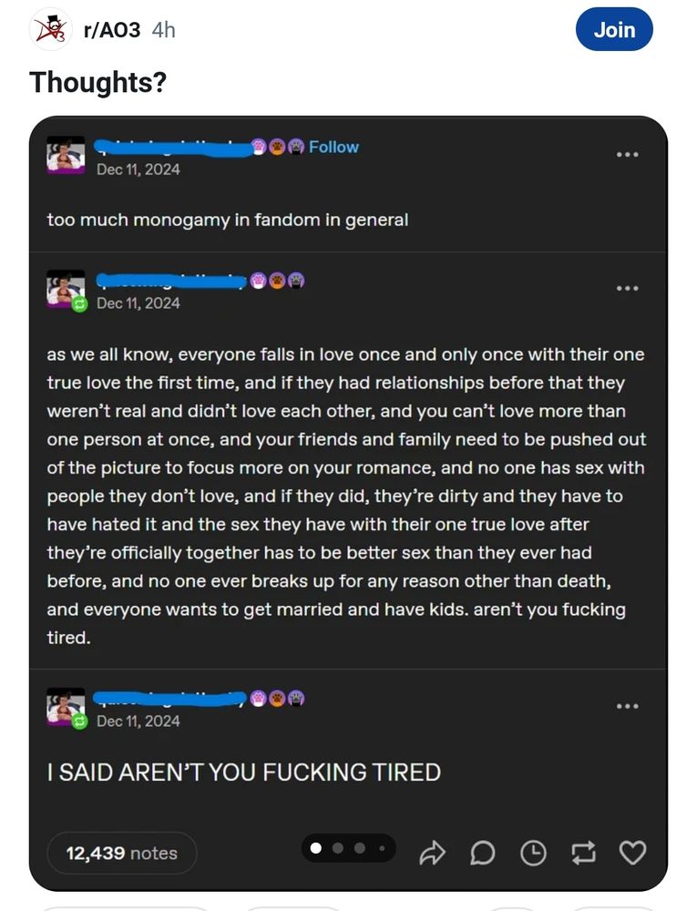 A03 reddit screenshot of a tumblr post about the restrictions of hypermonogamy on stories