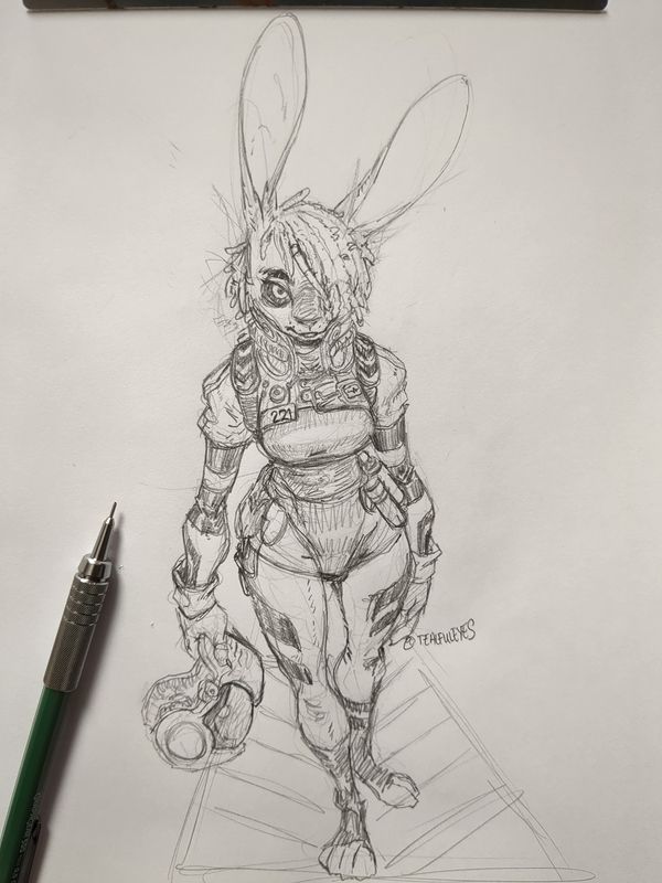 Sketch by Tealful Eyes of an anthropomorphic rabbit in a pilot suit looking slightly up at the viewer and holding their helmet in one hand to their side.