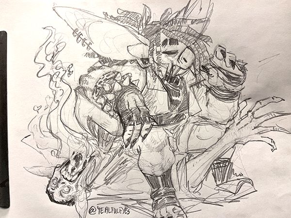 Sketch by Tealful Eyes of Thrang the goblin sitting on a vampire they recently staked with the butt of their axe handle while enjoying their lunch.