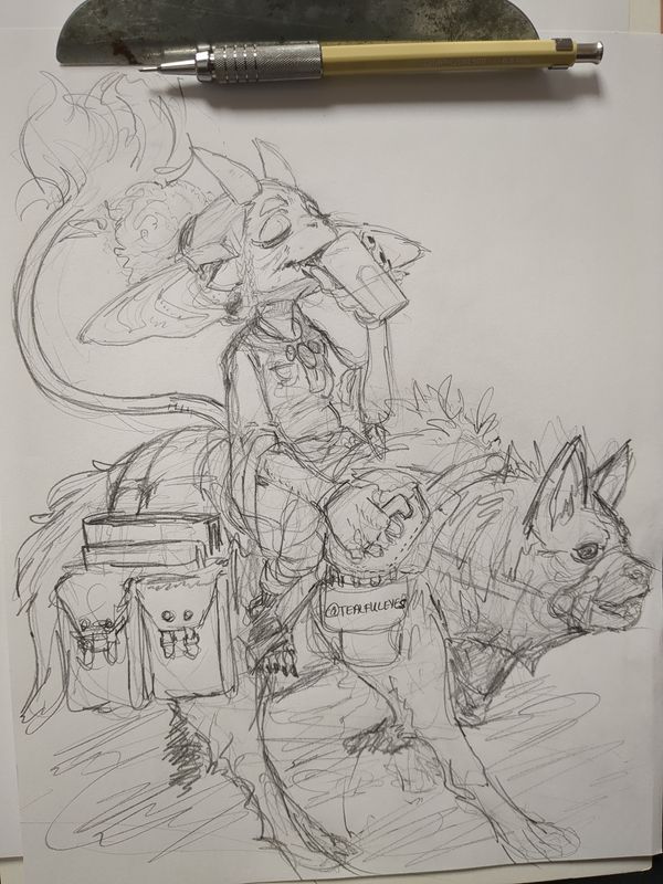 Sketch by Tealful Eyes of an Imp drinking from a cup as they ride on the back of an Aardwolf like creature. The mounted creature has a harness that holds gear and various items for the Imp.