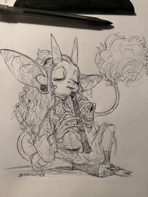 Sketch by Tealful Eyes of an imp sitting down and playing an Oboe like instrument.