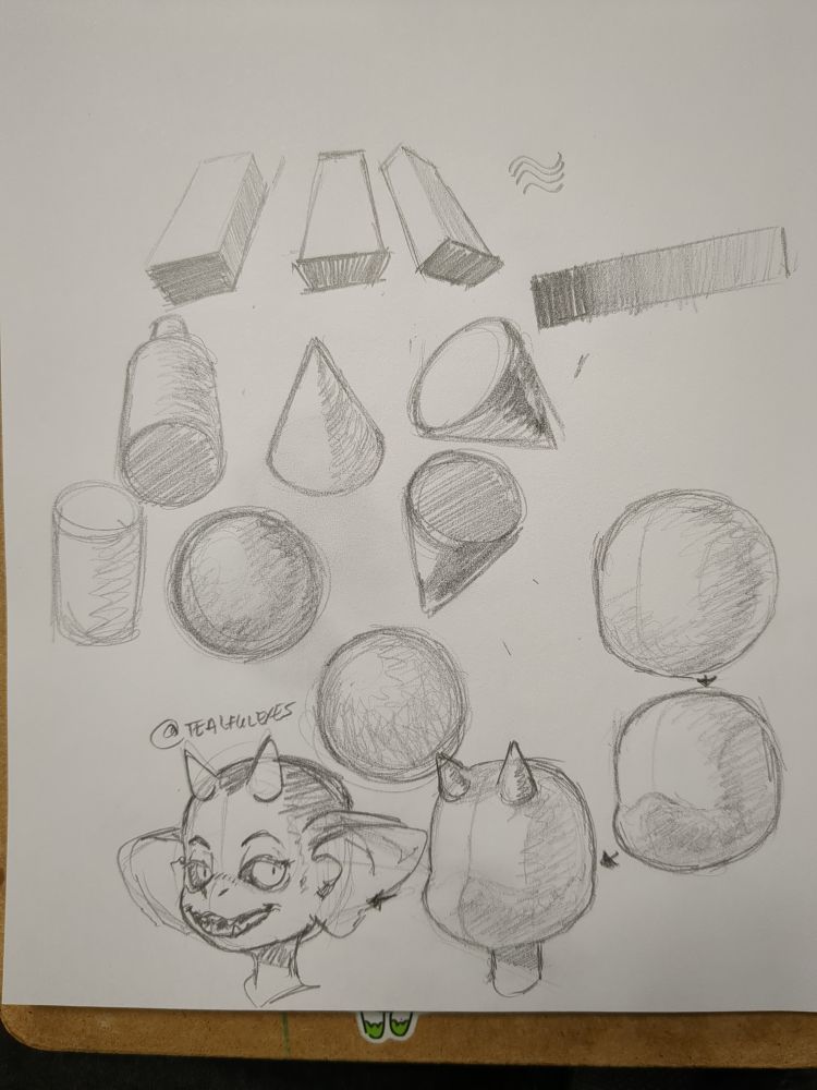 Sketches of basic shapes and a transition over time of blocking out forms using understanding of shapes as a basis.