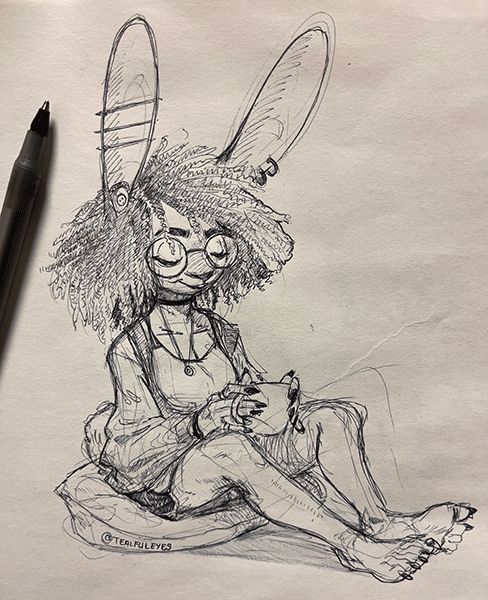 Sketch by Tealful Eyes of an anthropomorphic rabbit woman sitting down with a cup of tea in hand and enjoying their music.