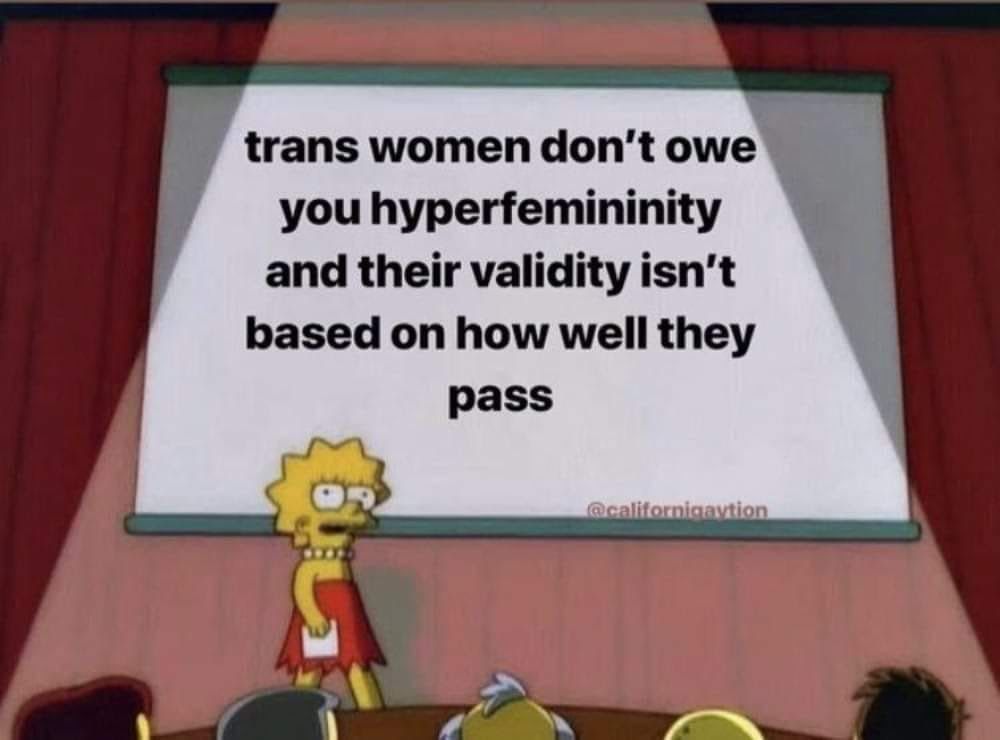 A screenshot of Lisa Simpson standing on-stage in front of a whiteboard which says:

trans women don't owe you hyperfemininity and their validity isn't based on how well they pass