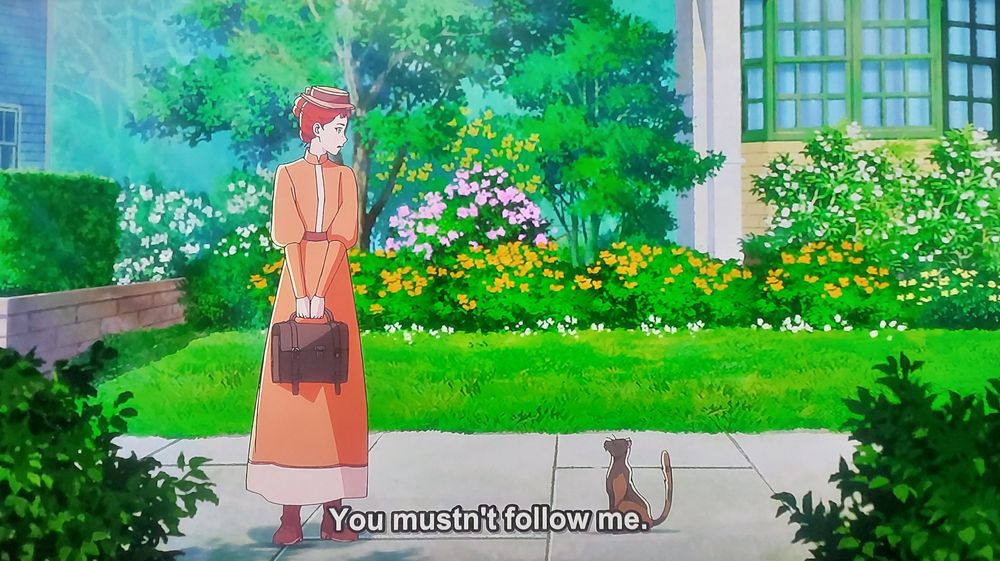 Anne stands on a sidewalk looking back at a scrawny cat. She says "you mustn't follow me."