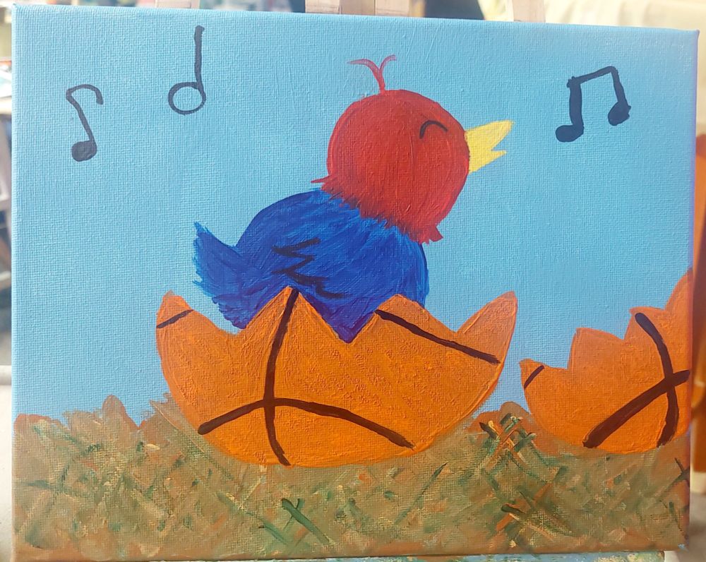 An amateur painting of a baby Jayhawk hatching from a basketball egg