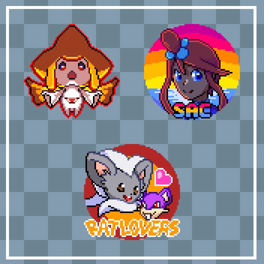 top left logo is a jirachi doing a sick lil pose. the team name is DOOM DESIRE.
top right is skyla with a sunset behind her, with the text SAC; which stands for the Skyla Appreciation Club.
the bottom logo is a cinccino and a rattata, with text saying Rat Lovers. this logo is very much inspired by tom and jerry.