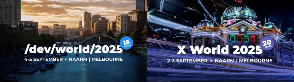 The /dev/world and X World logos. Showing that they're both in Melbourne (Naarm) in the fist week of September, and have been running for 15 and 20 years, respectively.