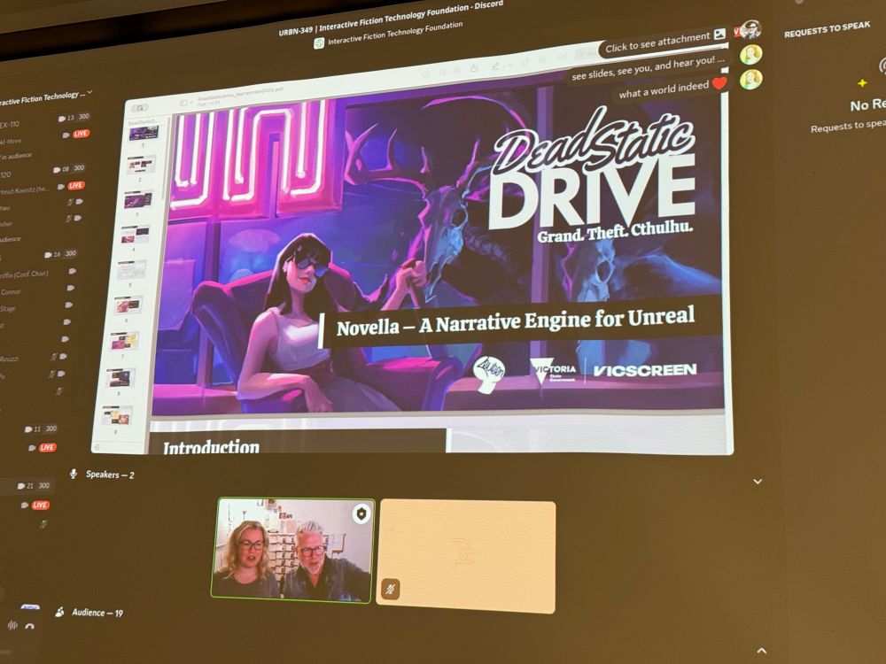 A slide of “Dead Static Drive” a really stylish looking game. The talk is called “Novella - A Narrative Engine for Unreal”.