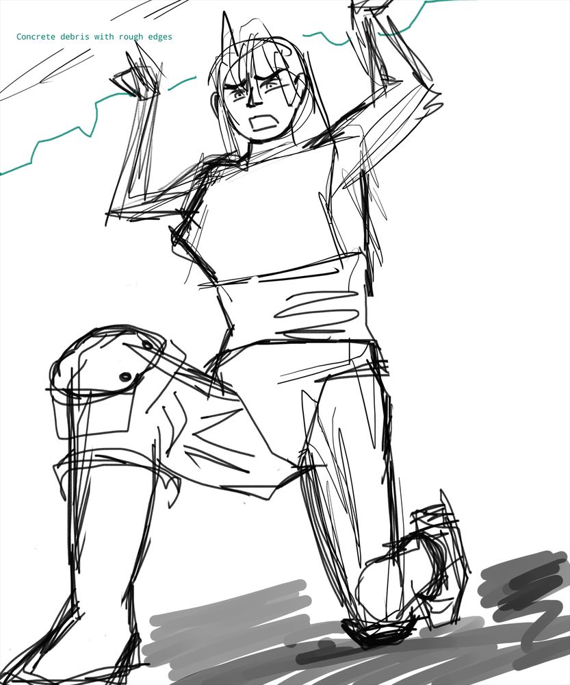 A very rough sketch of Hoshiguma from Arknights lifting a piece of debris from a collapsed building, looking down at the viewer.