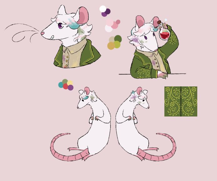 Scott the potion rat. One sideview bust, and Scott leaning on a desk as he inspects a red potion. There's two simple full bodies of the left and right side to mark where the color stains are. To the right there's a green rectangle with the full floral design that are on the sleeves of Scott's jacket.