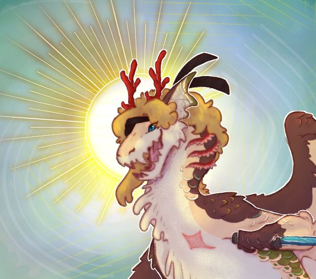 A close up of the rendered piece. The dragon is grinning as he readies his knife. The red coral horns are a nod to limited life, and the sun halo behind the head is a nod to pirates smp when martyn had the sun stone.