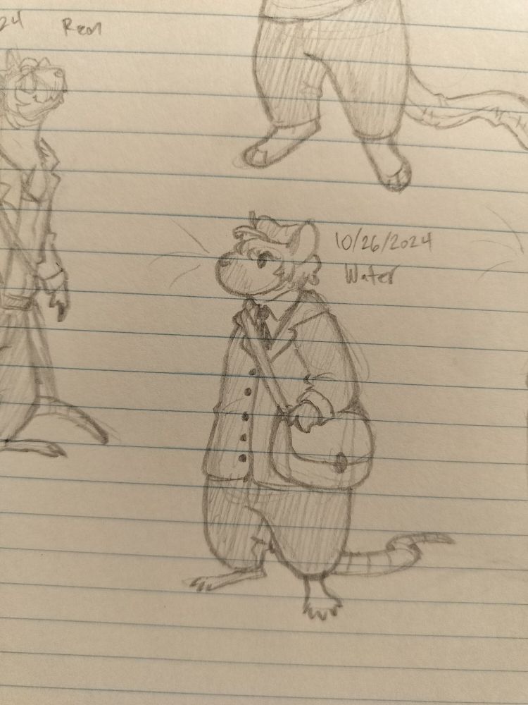 Water Munch from rats SMP Paris, standing with one arm resting on their letter satchel. Was drawn October 26th, 2024.