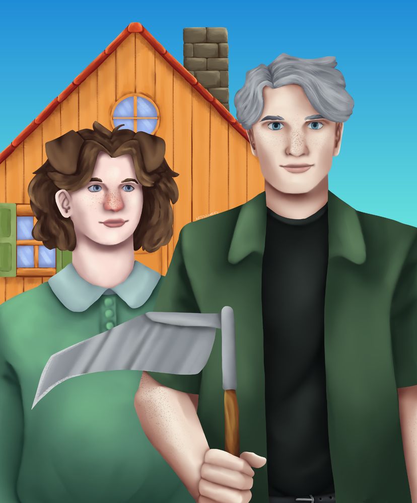 A digital painting which is a redraw of American Gothic. Two characters stand in the foreground: Nick, a white man with blue grey eyes, longer brown hair and dog ears wearing a green sweater over a light green shirt; and Caspian, a white man with grey hair and blue eyes wearing a black shirt with a green overshirt and holding a scythe. Behind them is a drawing of the house from Stardew Valley