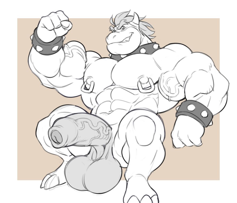 A sketch of a very muscular Bowser sitting naked and flexing his arm with his dick out
