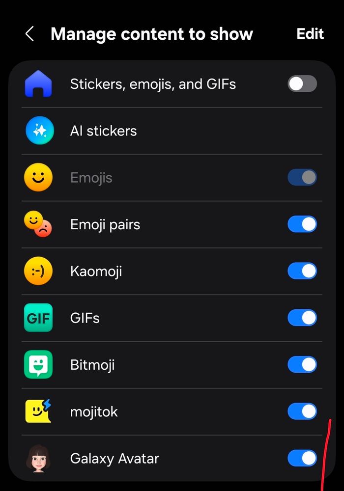 "Manage content to show" page with sliders next to every option except "AI stickers"