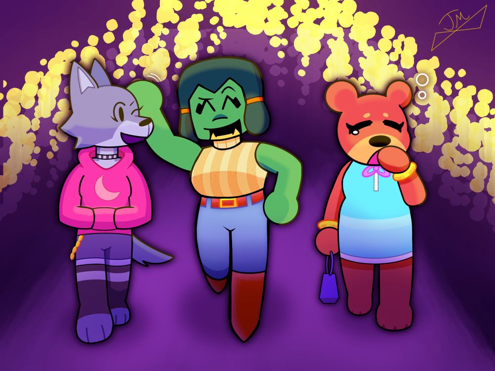 Three friends, Sera (Wolf), Elena (Bear), and Barbell (Orc) are spending the night walking together under a light display. Barbell is playfully petting the side of Sera’s head while Elena is yawning.