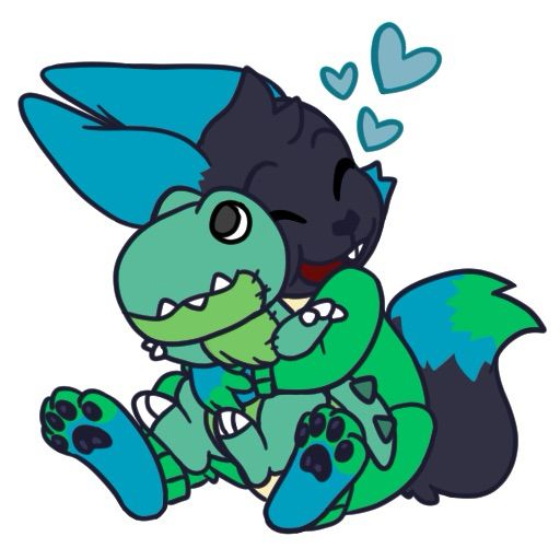 An anthropomorphic bunny in a green onesie sitting on the ground, the soles of her blue footpaws pointing towards the viewer. There are three blue floating hearts next to her smiling face, and she’s hugging a green dinosaur plushie. Art by @kawaii4eva.bsky.social.