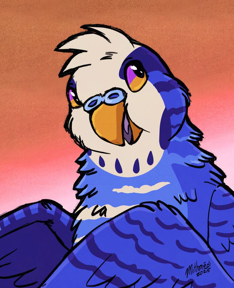 A bust of a blueish purple anthro parakeet.