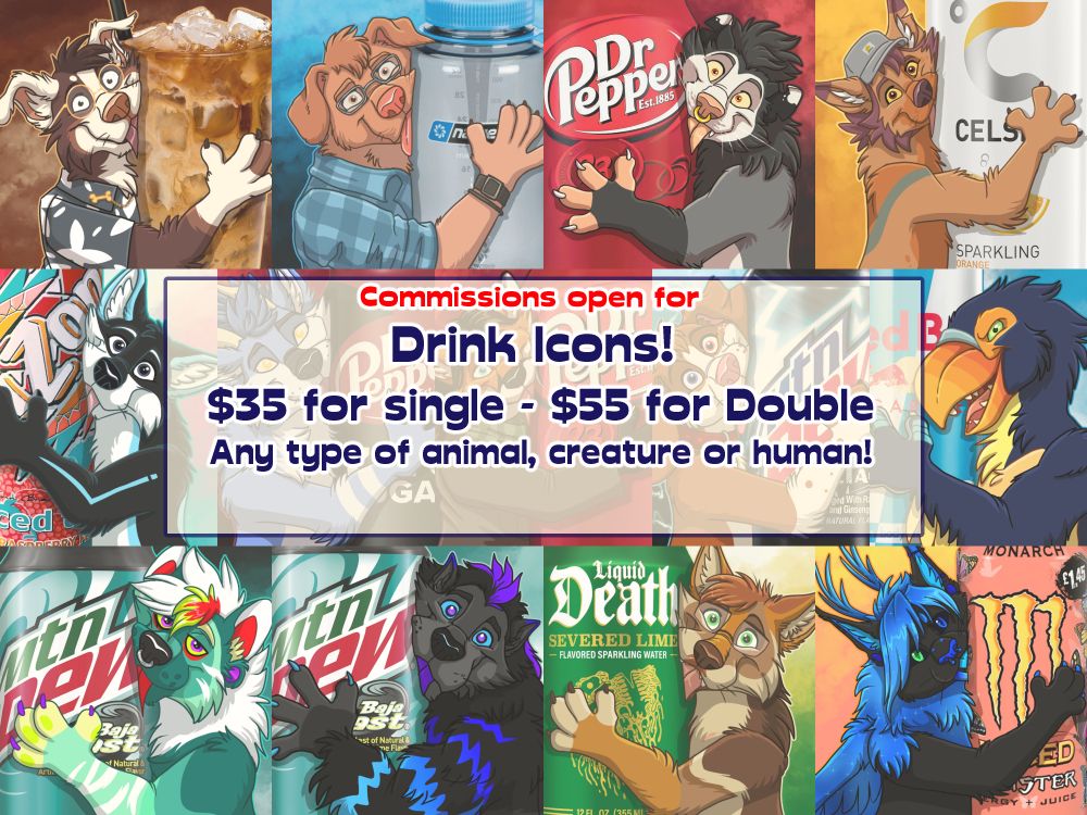 A collage of drink icons with various animals hugging a bottle or can of their favorite beverage.