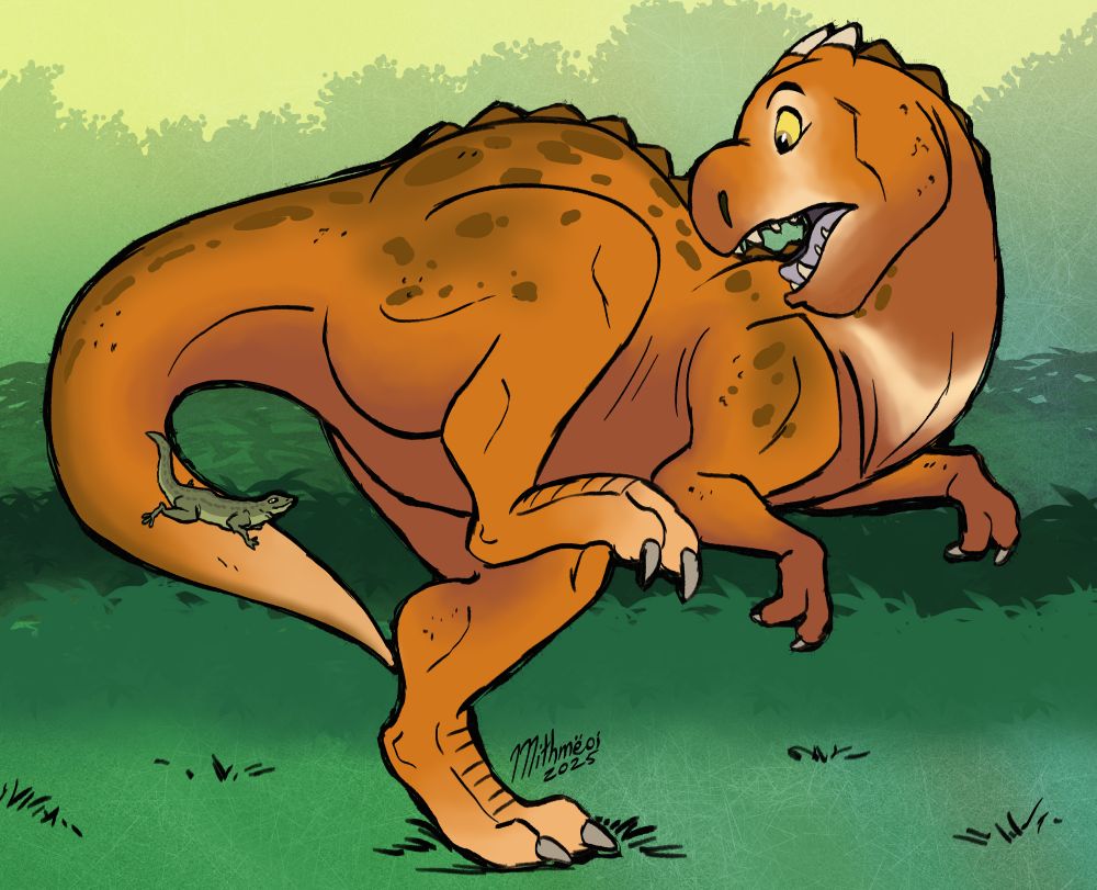 A dino standing on one foot looking at a tiny lizard on its tail.