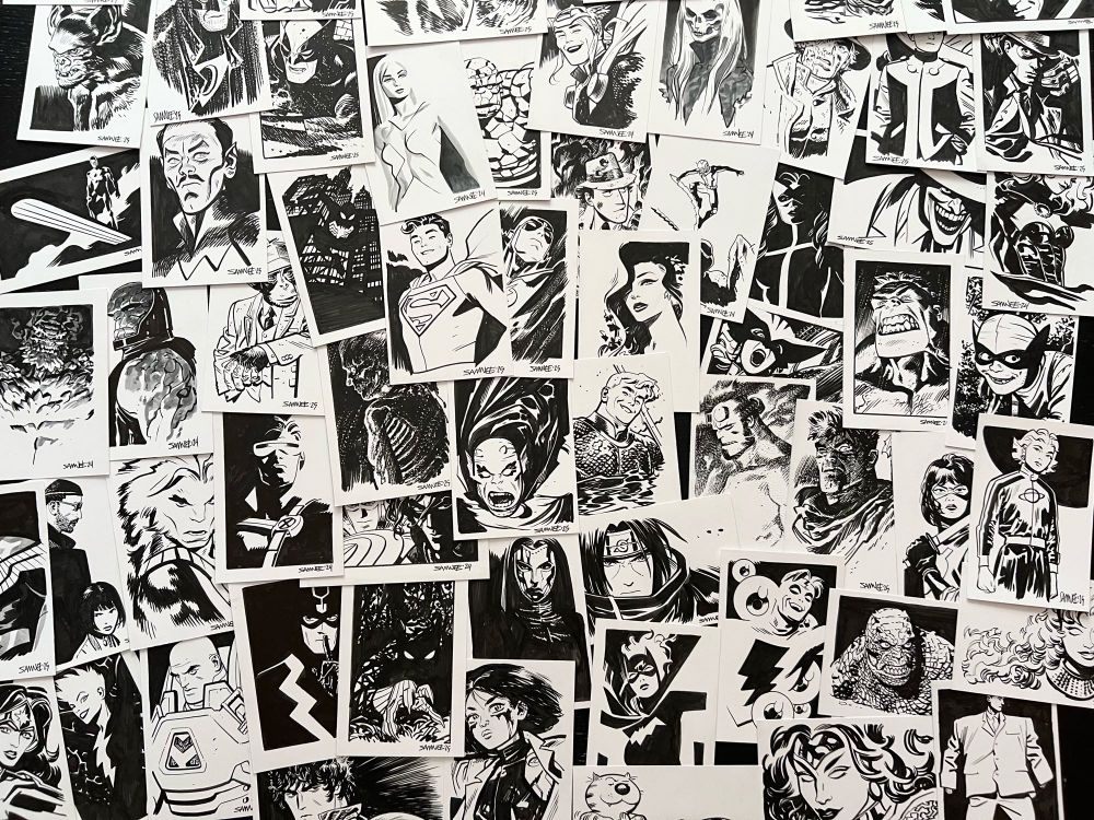 Big pile of black and white, 4x6 inch warmup doodles, that will soon be for sale. 