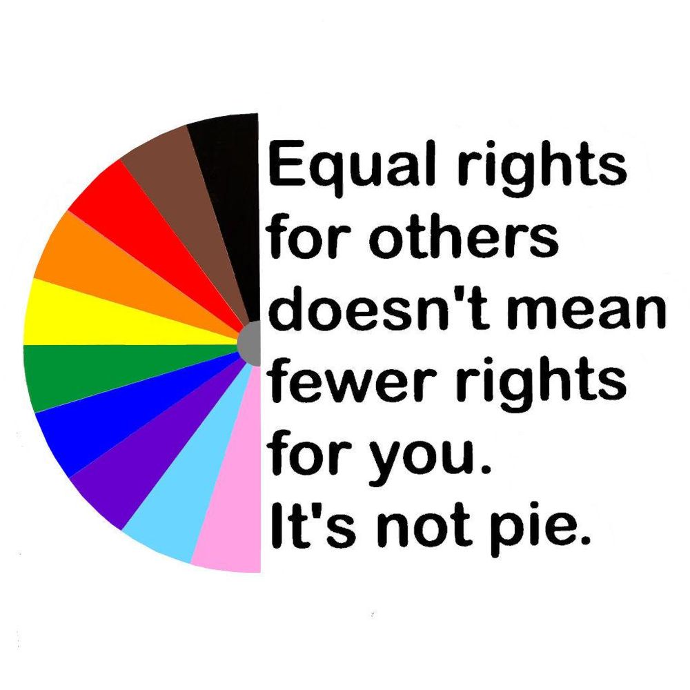 The image displays a semi-circular pie chart with various colored segments, including black, brown, red, orange, yellow, green, blue, purple, light blue, and pink, reminiscent of the Rainbow Pride Flag. These segments are arranged in a gradient pattern, transitioning from black on the left to pink on the right, with a gray center.

Adjacent to the pie chart on the right, there is a block of text in black font that states, 'Equal rights for others doesn't mean fewer rights for you. It's not pie.' This text is right-aligned and placed next to the pie chart. The background of the image is white.