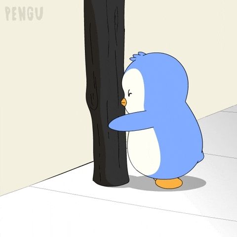 A cartoon penguin banging its head gently against a pole in frustration.