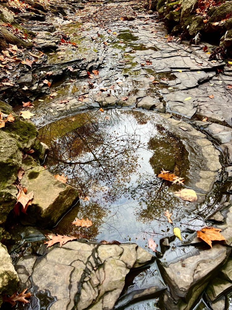 Photo of a circular pool of water inlaid into a shale stream 