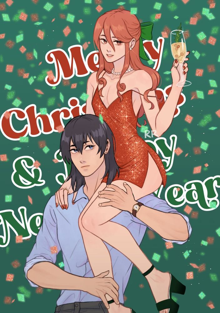 akiangel in bodyguard au. angel is in a sparkly red dress holding a champagne flute. his hair is curled and half up with a cute green ribbon, and he's sitting on aki's shoulders 