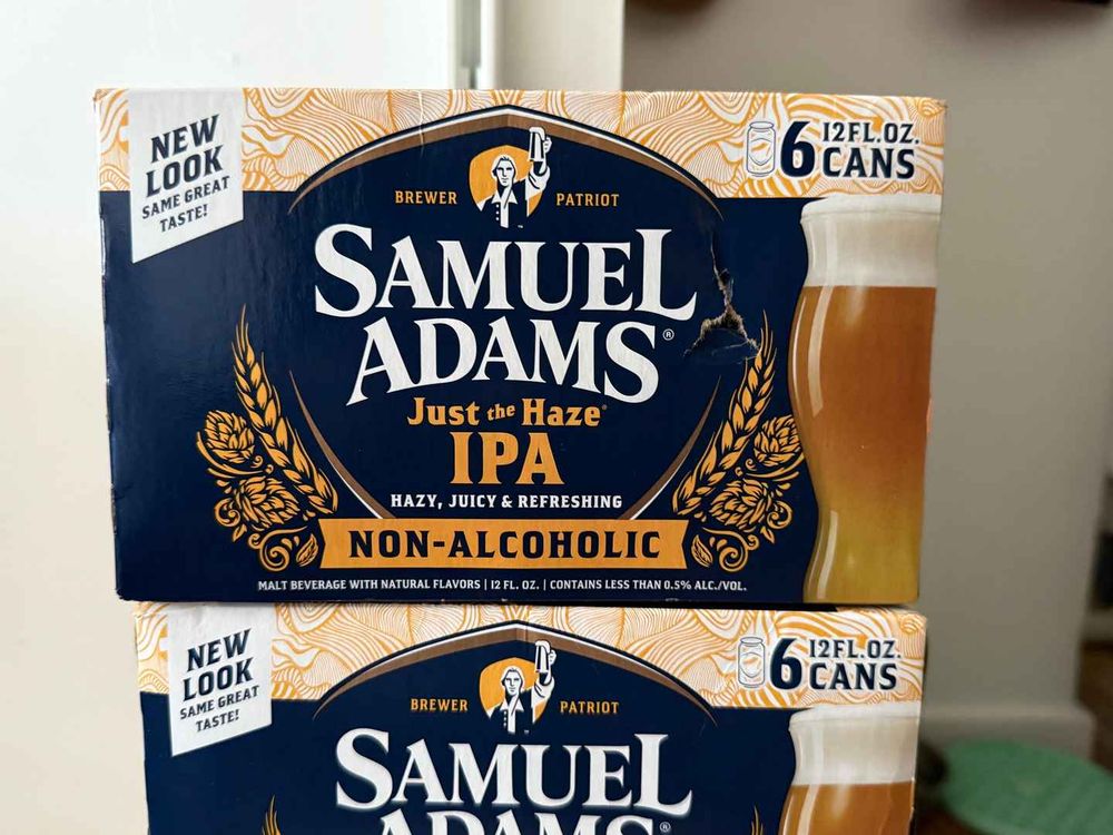Boxes of non-alcoholic Sam Adam’s IPAs