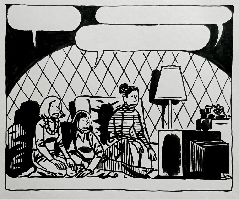 Un groupe de jeunes femmes 70's regarde la télévision 