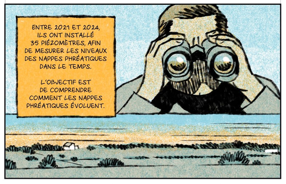 Case de bd, un homme avec des jumelles scrute un paysage