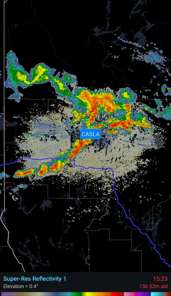 A screenshot of a weather radar app showing a storm at the center (labelled CASLA) and the timestamp shows 15:23 (currently 15 hours old)