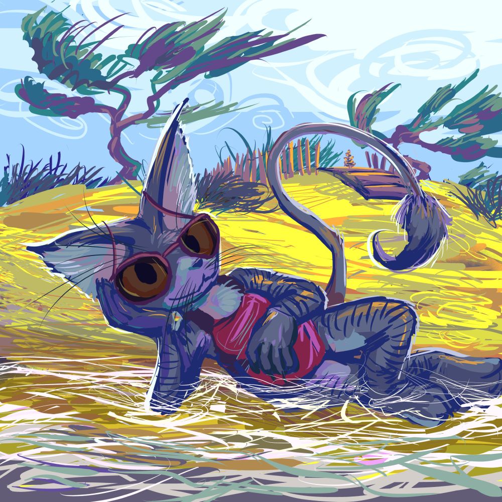 a cat-like anthropomorphic being wearing red swimming garb and sunglasses, lying on the ground amidst the tidal flow or something in northeast united states a beach-like setting