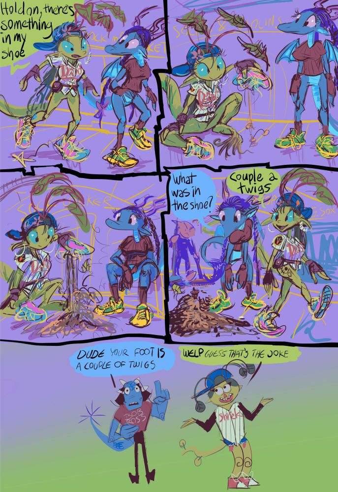 mediocre comic strip in which one character dumps dirt out of a shoe, perplexing another character, then both of them transform into more stereotyped designs in order to overexplain the joke out of contempt for poorly written, poorly drawn media that annoys me