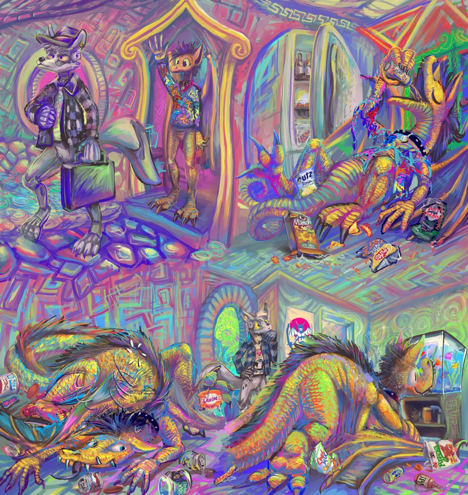 four piece scene in which an anthropomorphic dragon person observes a robot wolf person leave their shared domicile for a work-related engagement, then transforms into a larger more conventional dragon, consumes many snacks, and then become mesmerized looking at a fish tank as the robot wolf returns